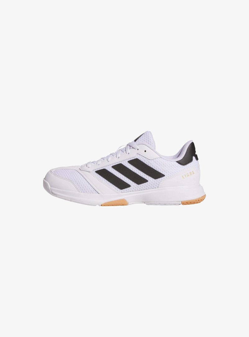 White athletic shoe with mesh upper, black three-stripe design, and rubber outsole. Features lacing system and cushioned collar for support.