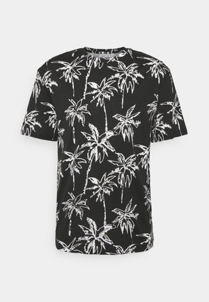 T-shirt noir à manches courtes avec motif de palmiers blancs et encolure ronde, présenté sur un fond uni.