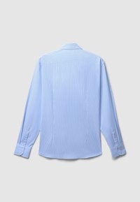 Helles blaues Langarmhemd mit vertikalen Streifen, Button-Down-Kragen und geknöpften Manschetten. Hergestellt aus weichem Stoff mit glatter Textur.