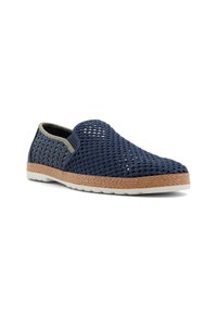 Navy blue slip-on shoe with a woven mesh upper, featuring a rubber sole with tan woven accents and a contrast inner lining.