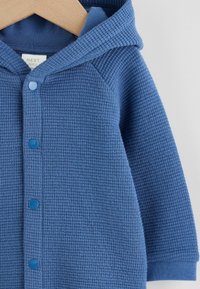 Soft blue waffle-textured baby hoodie with front snap buttons on wooden hanger, sleeve cuffed, "NEXT baby" label visible.