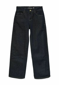 Tmavě modré široké džíny z denimu s předními a mincovními kapsami, kontrastním žlutým šitím, knoflíkovým zapínáním a poutky na opasek.