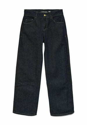 Tmavě modré široké džíny z denimu s předními a mincovními kapsami, kontrastním žlutým šitím, knoflíkovým zapínáním a poutky na opasek.