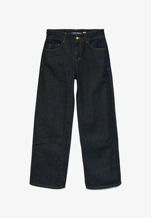 Dark blue wide-leg denim jeans with front and coin pockets, contrasting yellow stitching, button closure, and belt loops.