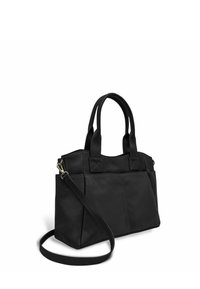 Sac à main en cuir noir avec une forme structurée, deux poignées supérieures, une bandoulière réglable et des accents en métal doré.