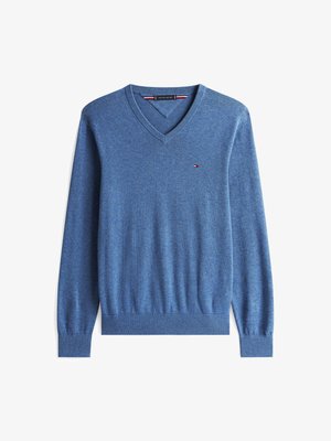 Sweater azul em V feito de material de malha suave. Apresenta punhos e bainha canelados, com um pequeno logotipo no lado esquerdo do peito. Design simples e sem costuras.