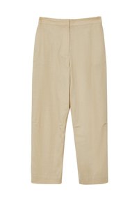 Beige Leinenhosen mit einer glatten Textur, hoher Taille und lässiger Passform. Verfügt über zwei Seitentaschen und eine knöchellange Länge.