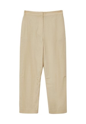 Beige Leinenhosen mit einer glatten Textur, hoher Taille und lässiger Passform. Verfügt über zwei Seitentaschen und eine knöchellange Länge.
