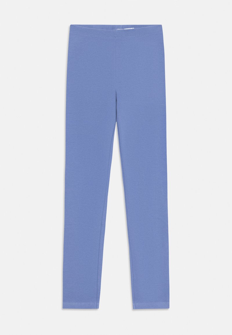 Leggings blu realizzati in tessuto elastico e morbido; design aderente con vita elastica e senza cuciture o motivi visibili.