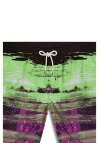 Pantaloni da bagno da uomo con un design vivace in verde e viola, caratterizzati da una trama che ricorda le pennellate. Vita elasticizzata con un cordoncino bianco.