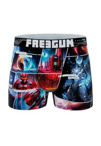 Des boxer shorts colorés arborent un imprimé style bande dessinée avec des personnages et des paysages futuristes, fabriqués en tissu doux et extensible, avec une ceinture noire.