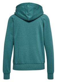 Teal hoodie med en texturerad yta, som har en dragsko i huvan, långa ärmar och en ribbad nederkant. Bakvy visas.