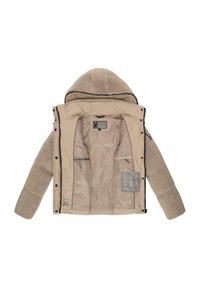 Light beige jacket with a textured, fluffy hood. Inside features smooth lining, multiple pockets, and care instructions. Zipper and snap closure.