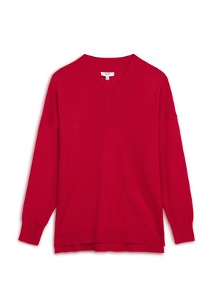 Maglione rosso lavorato a maglia, design a V, maniche lunghe, vestibilità ampia, con polsini e orlo a costine, texture liscia, senza fantasie o decorazioni.