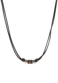 Brown leather cord necklace with interspersed silver and bronze metal beads, featuring a textured design and knots.