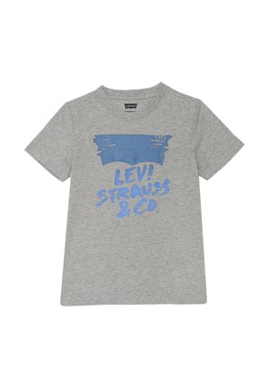 T-shirt in cotone grigio con logo grafico blu e testo "LEVI STRAUSS & CO." Maniche corte e scollo rotondo.