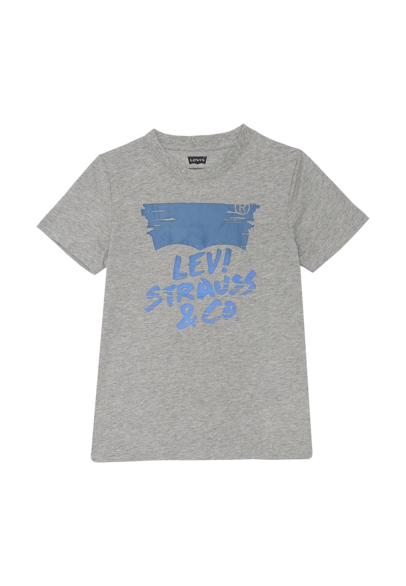 T-shirt in cotone grigio con logo grafico blu e testo "LEVI STRAUSS & CO." Maniche corte e scollo rotondo.