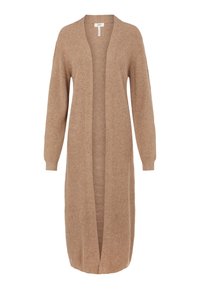Langer, offener Cardigan in hellem Braun mit geripptem Strickmuster, verfügt über lange Ärmel und einen lässigen Schnitt. Keine Verschlüsse oder Muster.