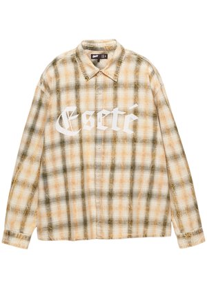 Camicia con bottoni in un motivo a quadri giallo, verde e bianco. Presenta una grande scritta grafica bianca "Eseté" sul davanti.
