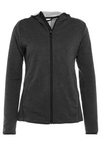 Sweat à capuche zippé gris foncé avec fermeture éclair frontale, poches latérales, capuche réglable et doublure contrastante gris clair. Texture lisse.