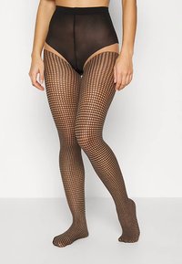 Collants résille noirs à taille haute, présentant un motif à carreaux et une texture lisse, mettant en valeur la visibilité des jambes.
