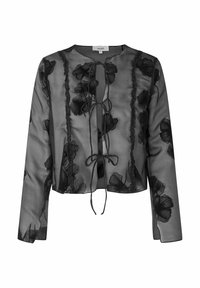 Bluză neagră transparentă cu tipar din dantelă florală, mâneci lungi, decolteu rotund și detalii cu fundă în față, decorate cu volane.