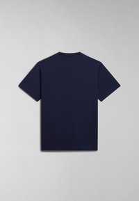 Navyblaues T-Shirt mit kurzen Ärmeln, Rundhalsausschnitt, aus weichem Stoff, mit einer glatten Textur und ohne sichtbare Logos oder Muster.