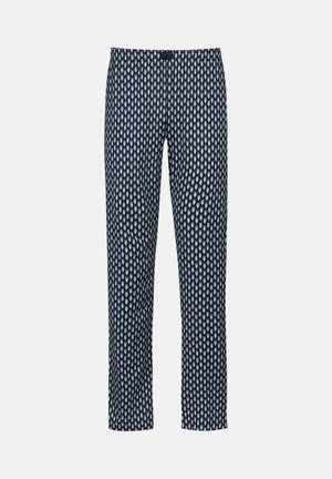 Pantaloni blu navy con stampa geometrica bianca, realizzati in tessuto liscio. Presentano un taglio dritto e una cintura elastica per il massimo comfort.
