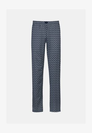 Marineblauwe broek met een wit geometrisch patroon, gemaakt van een gladde stof. Heeft een rechte snit en een elastische tailleband voor comfort.