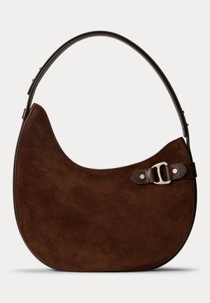 Brown suede shoulder bag with a curved shape. Features a dark brown leather strap and a silver buckle accent. Smooth surface texture.
