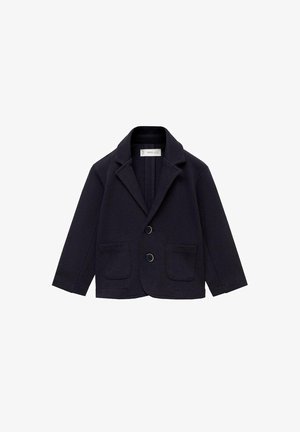 Blazer per bambini di colore blu navy, tessuto intrecciato, monopetto con due bottoni, bavero con punte e due tasche frontali.