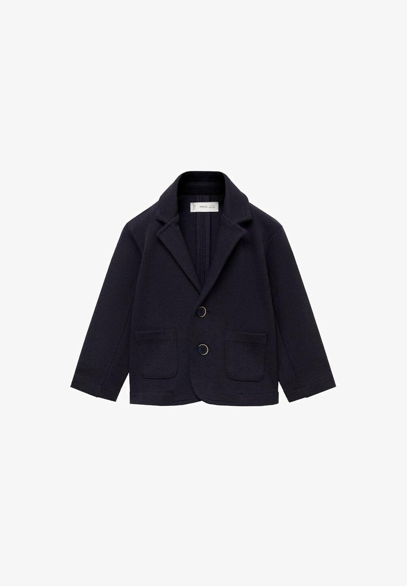 Navy blue children's blazer, woven texture, single-breasted with two buttons, notched lapel, and two front pockets.