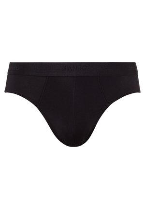 Slip en coton noir avec une texture lisse, doté d'une ceinture élastique avec logo embossé et d'un design à coupe classique.