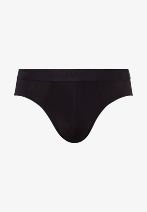 Slip en coton noir avec une texture lisse, doté d'une ceinture élastique avec logo embossé et d'un design à coupe classique.