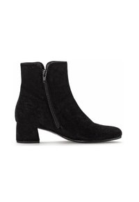 Zwarte suede enkellaars met een slanke blokhak en een ritssluiting aan de buitenzijde. Soepele textuur, puntige neusontwerp.