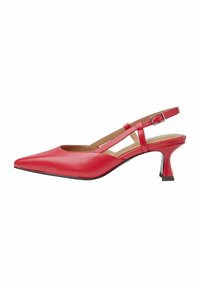 Rote Leder-Slingback-Schuh mit spitzem Fuß, schlankem Knöchelriemen und kurzem, ausgestelltem Absatz, der eine glatte Textur und minimalistische Designdetails aufweist.