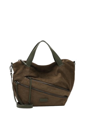 Borsa in suede marrone con due manici in pelle verde, tracolla regolabile e due tasche diagonali con cerniera sul davanti.