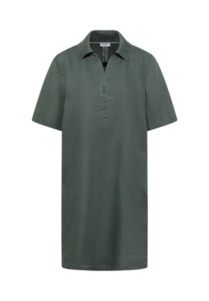 Donkergroene linnen jurk met korte mouwen, knielengte, kraag, knoopsluiting aan de voorkant en twee zijzakken.