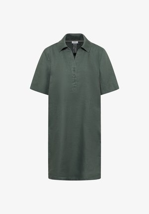 Kortærmet knælængde kjole i mørkegrønt hør med krave, knaplukning foran og to sidelommer.