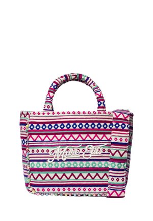 Petit sac à main en tissu avec des motifs rayés géométriques colorés, des accents de perles le long des bords et "Marc Ellis" brodé en blanc sur le devant.