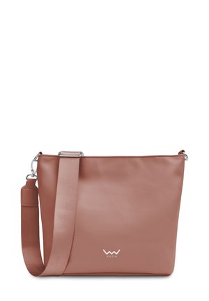 Pink synthetic handbag with a smooth texture, featuring a long adjustable strap and silver hardware. Logo is printed on the front.