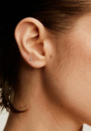 Pequeño pendiente de plata en forma de hoja, con pequeñas gemas transparentes. El pendiente está colocado en el lóbulo de una oreja en primer plano.