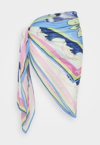 Foulard di seta colorato con motivi astratti in blu, rosa e verde. Tessuto leggero con una texture liscia e una caduta fluida.