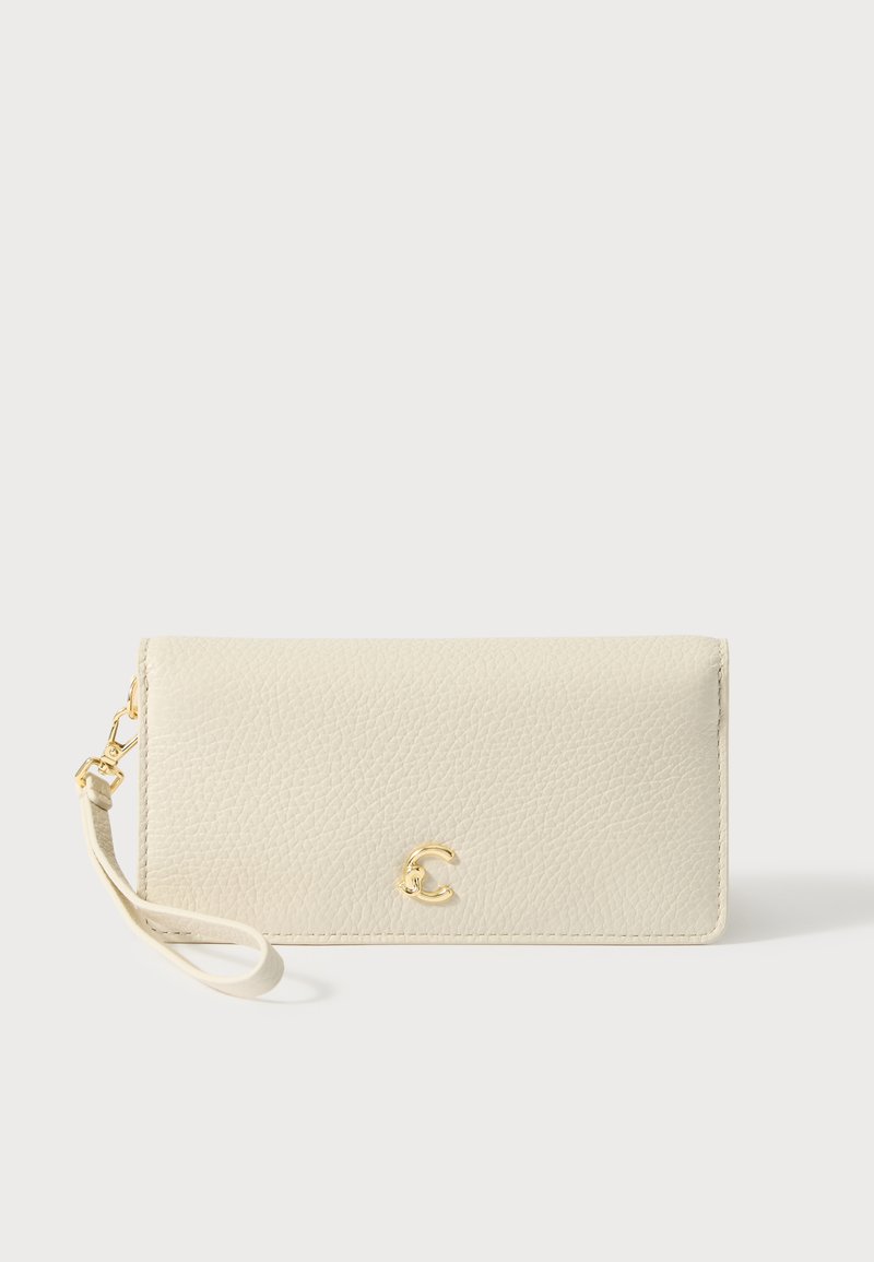 Light beige leather wallet with a textured finish, featuring a gold logo and detachable wrist strap, rectangular shape.