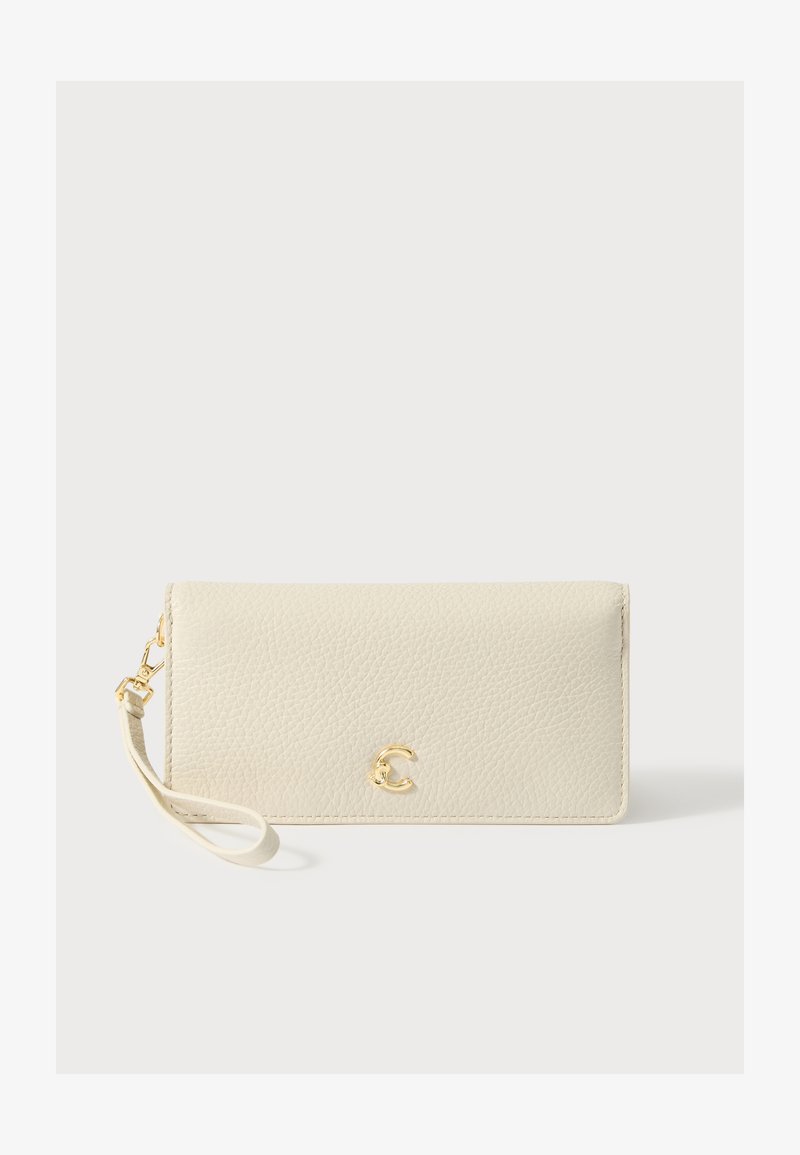 Light beige leather wallet with a textured finish, featuring a gold logo and detachable wrist strap, rectangular shape.