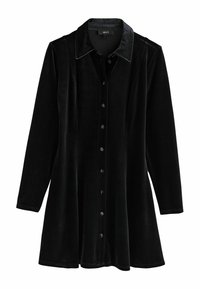Schwarzes Samtkleid mit einem spitzen Kragen, durchgehender Knopfleiste, langen Ärmeln und einem ausgestellten Saum. Glatte, weiche Textur.