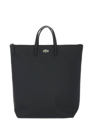 Black rectangular tote bag with two short handles, zipper closure, and small green crocodile logo on the front center.