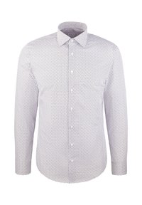 Lange mouwen shirt in licht paars met een klein geometrisch patroon, met een knoopsluiting bij de kraag en een regulier pasvorm. Zachte stof en net gestikte details.