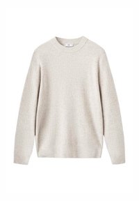 Jersey de punto acanalado beige de manga larga con cuello redondo, exhibido sobre un fondo blanco liso.