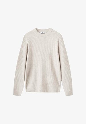 Beige ribbel gebreide trui met lange mouwen en ronde hals, weergegeven op een effen witte achtergrond.